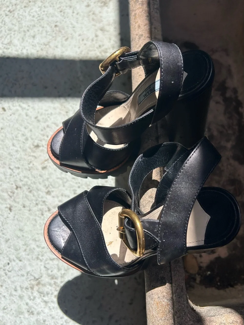 Prada Black Leather Crisscross Wedge Sandals (high heels) with Gold Buckle